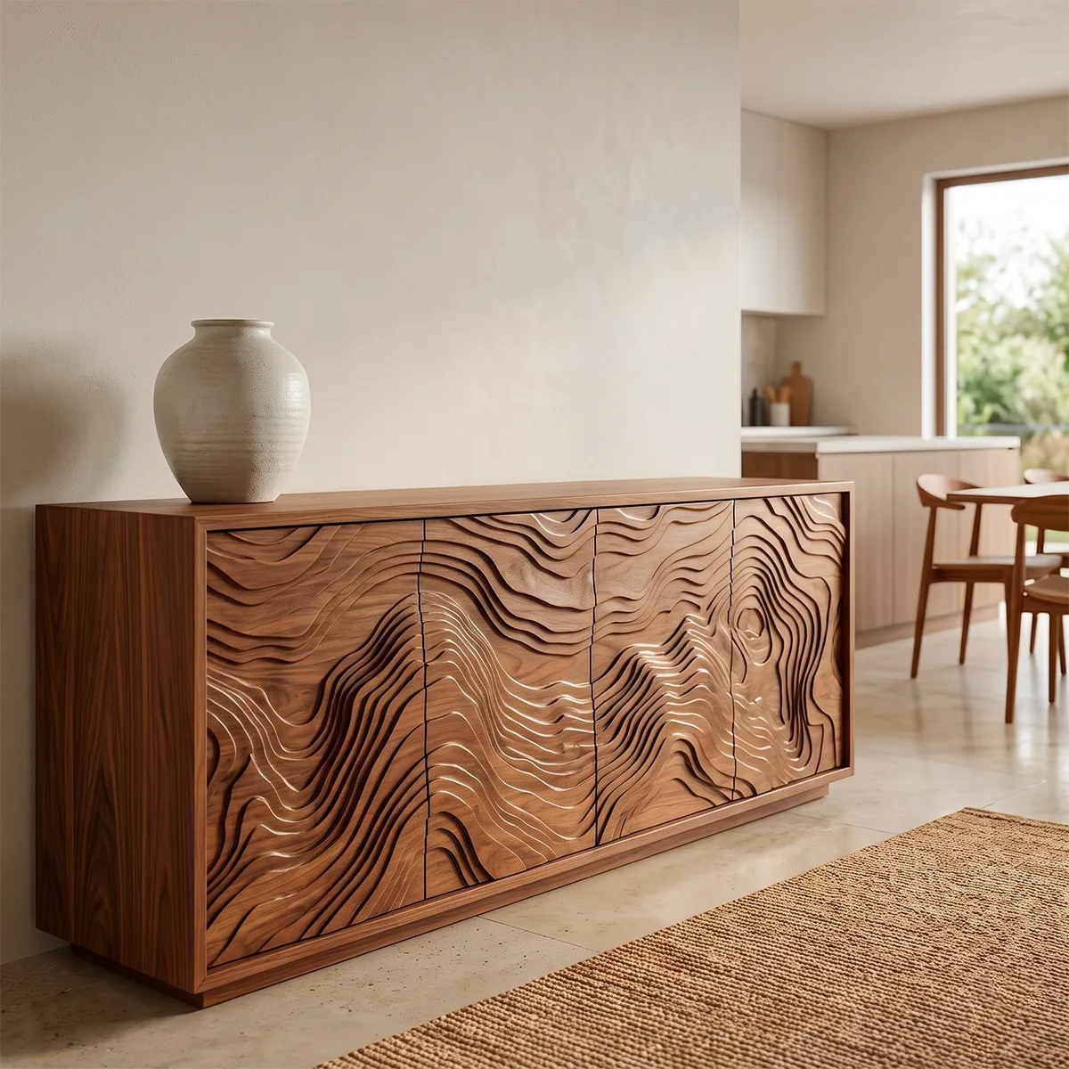 Topographic Carved Solid Wood Sideboard | Organic Modern Buffet Cabinet for Dining & Living Room TH003-9201