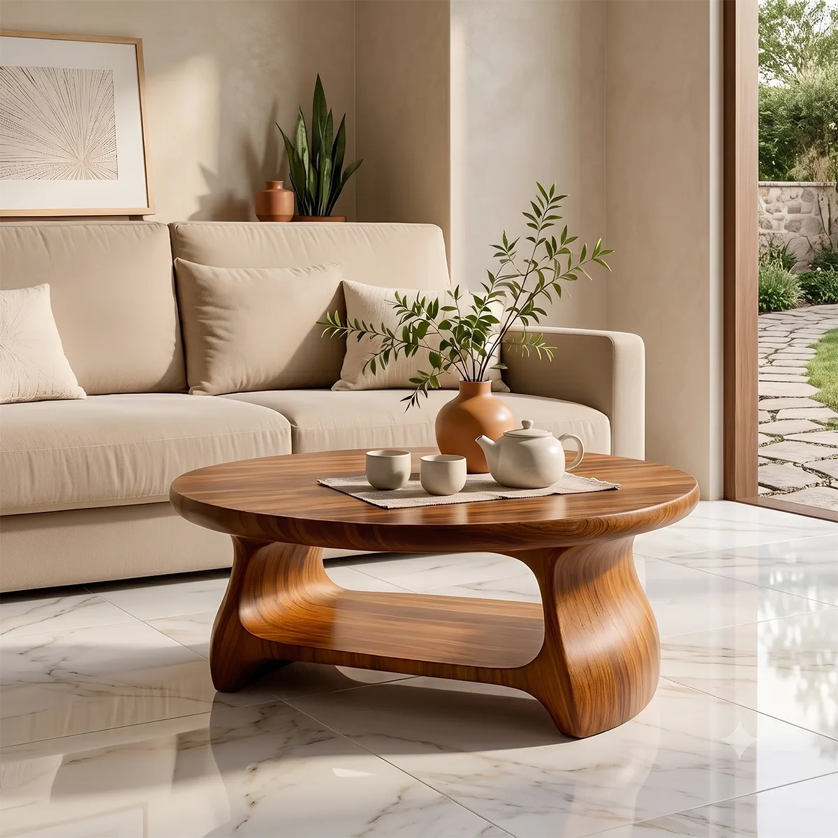 Modern Round Coffee Table with Shelf | Sculptural Wood Coffee Table for Living Room TH003-3167