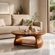 Modern Round Coffee Table with Shelf | Sculptural Wood Coffee Table for Living Room TH003-3167