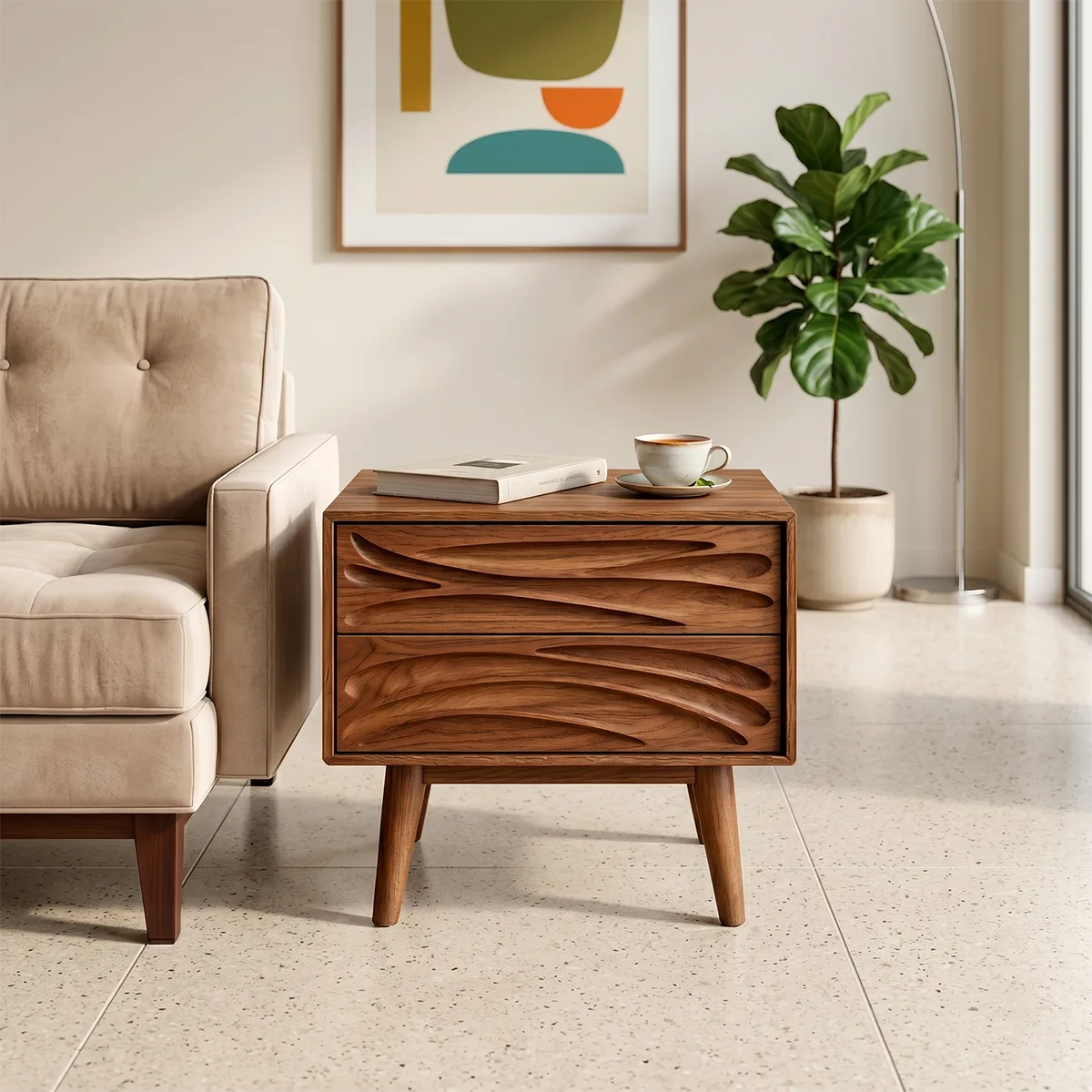 Modern Solid Wood End Table | Mid Century Side Table with 2 Carved Storage Drawers TH003-8695