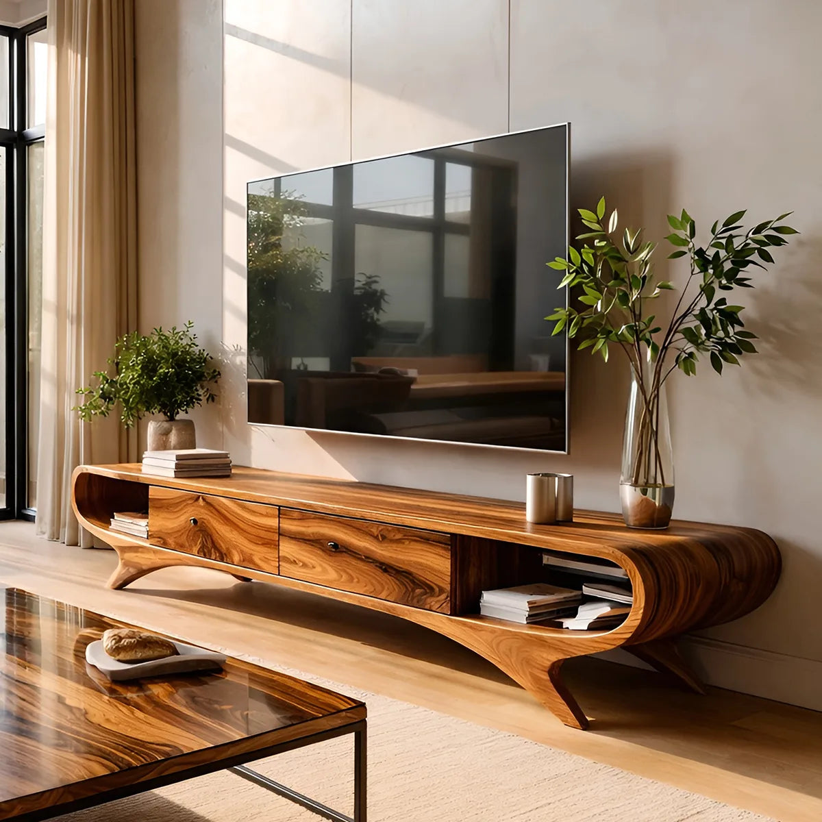Modern Solid Wood Sculptural Curved TV Stand