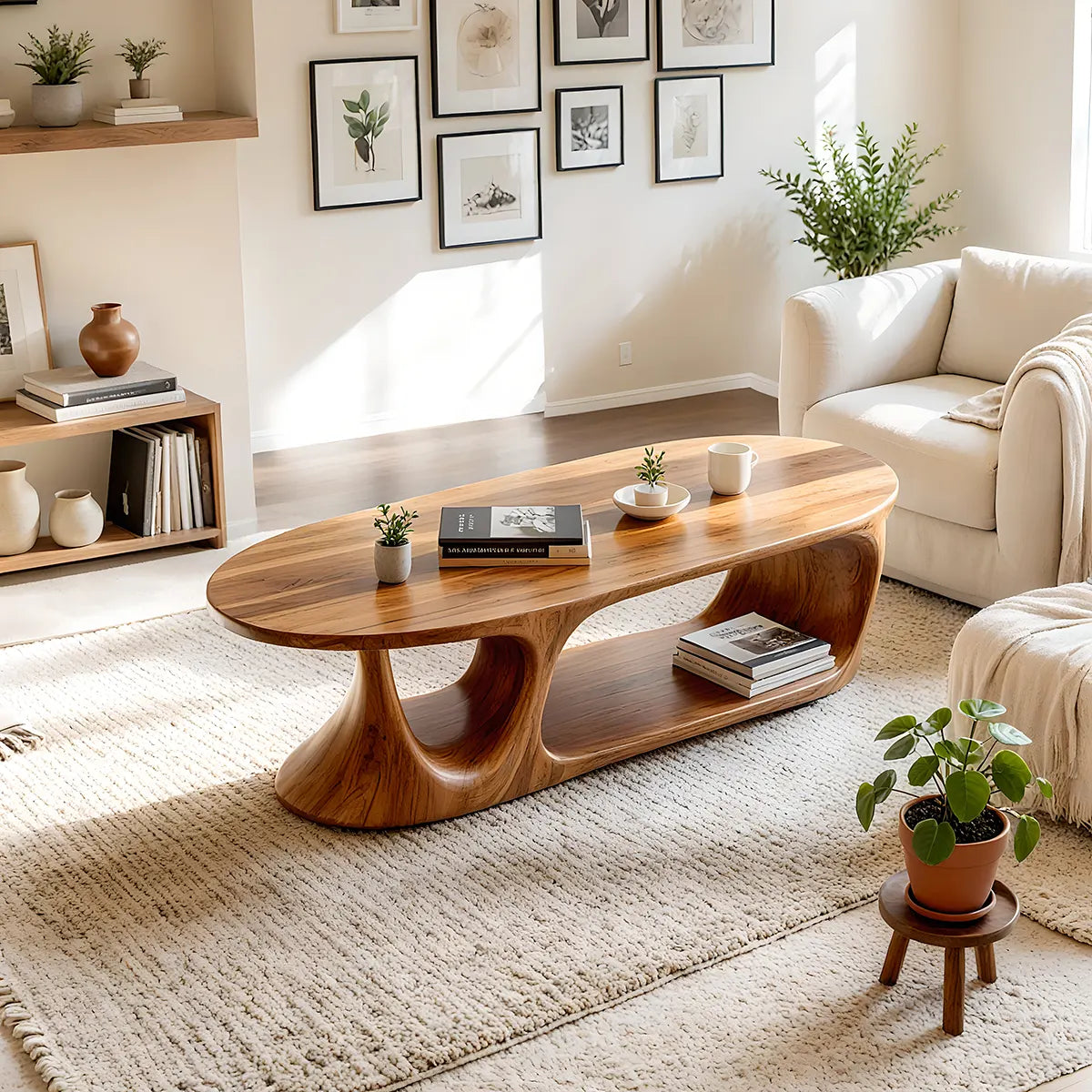 Oval Coffee Table with Storage Shelf | Handcrafted Solid Wood Coffee Table TT006-8470