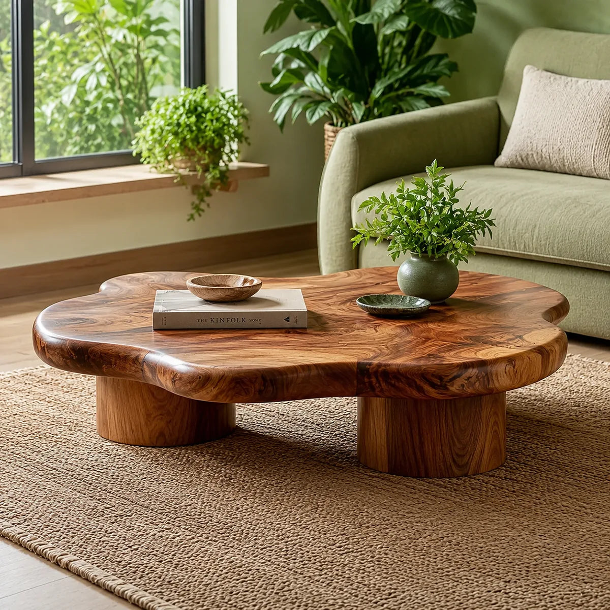 Organic Solid Wood Coffee Table | Freeform Hardwood Coffee Table with Sculptural Pedestal Base TT006-7051