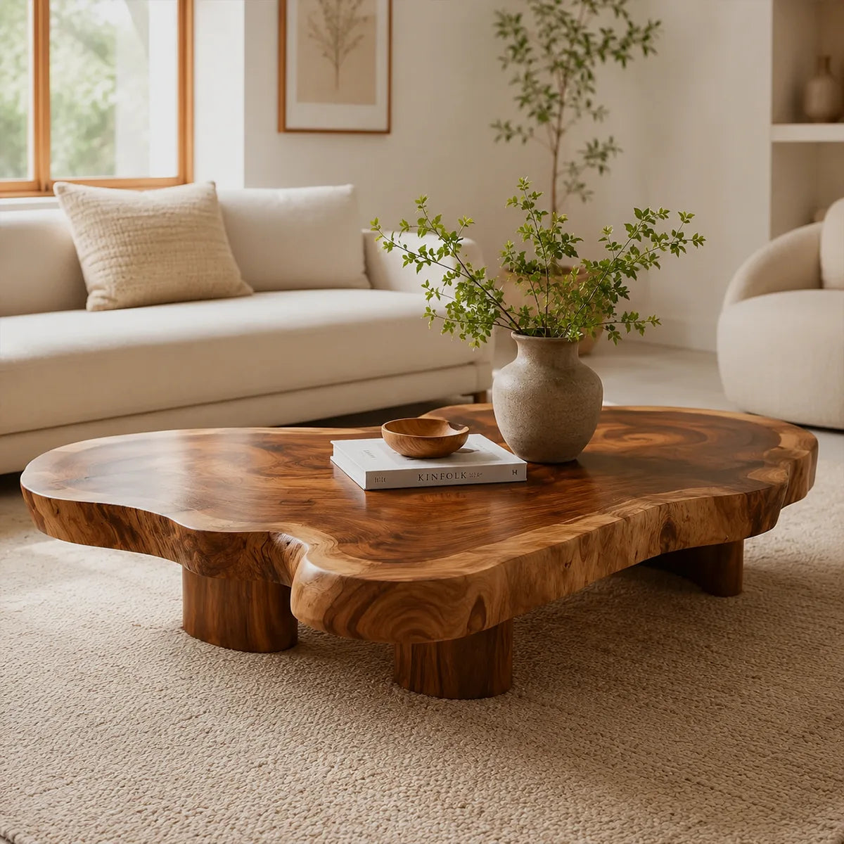 Organic Solid Wood Live Edge Coffee Table | Freeform Hardwood Coffee Table with Sculptural Pedestal Base TT006-4064