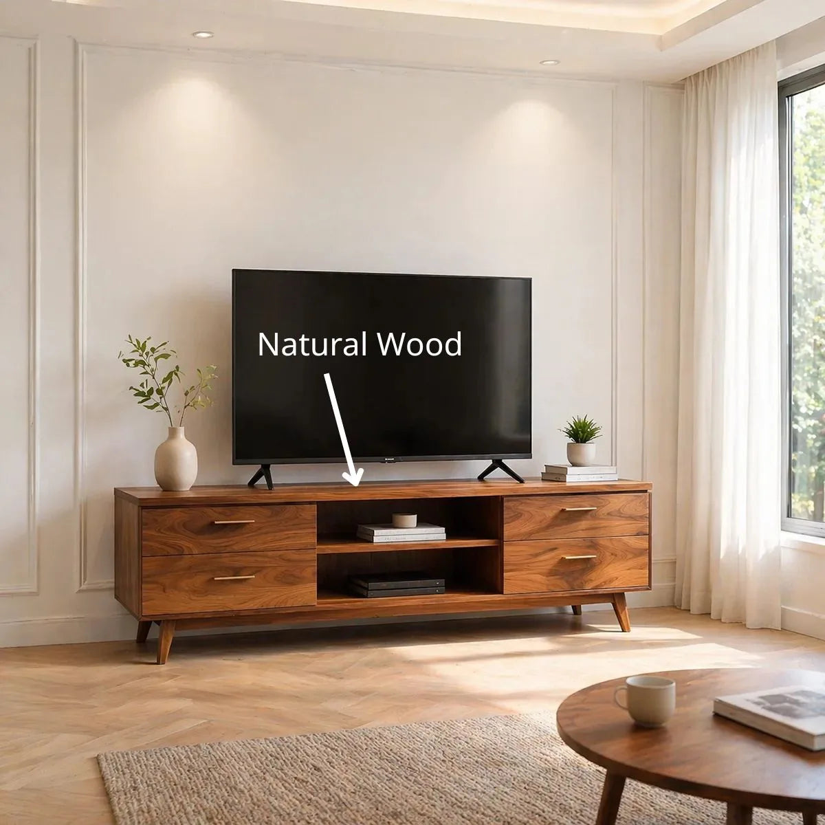 Solid Wood TV Stand with 4 Drawers and Open Center Shelves