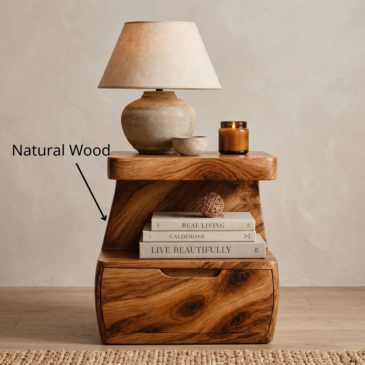 Handcrafted Solid Wood Nightstand Organic Bedside Table with Storage Drawer