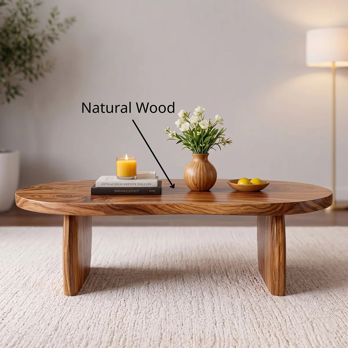 Modern Solid Wood Oval Coffee Table with Curved Slab Legs
