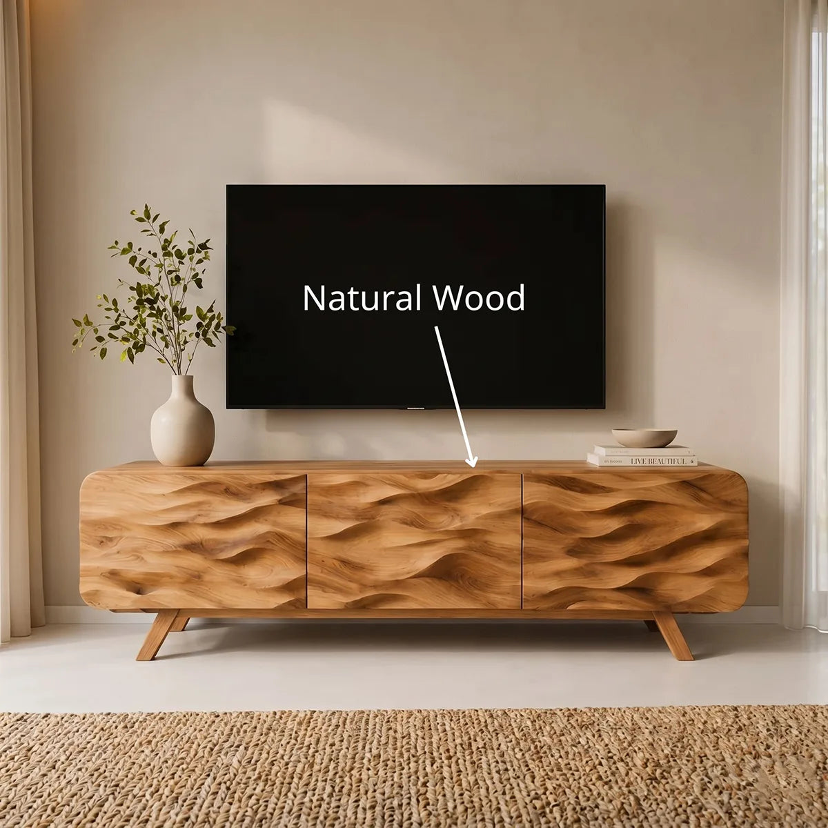 Carved Wave TV Cabinet with 3 Doors and Rounded Sides