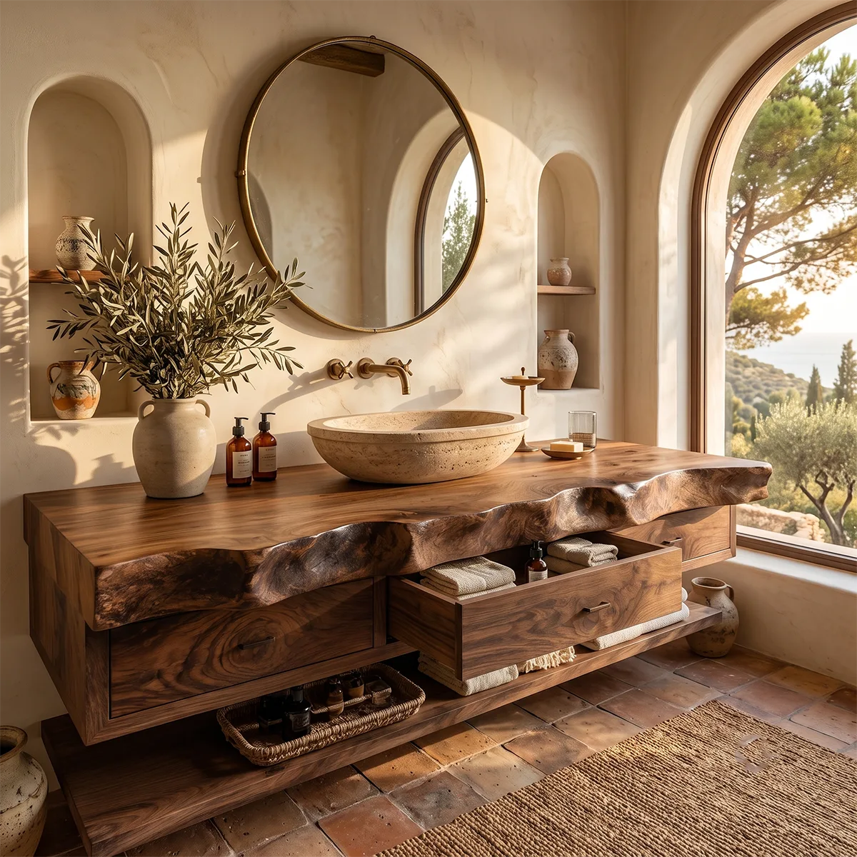 Floating Bathroom Vanity with 3 Drawers & Lower Shelf | Organic Edge Modern Vanity TT006-3IEZ4XF