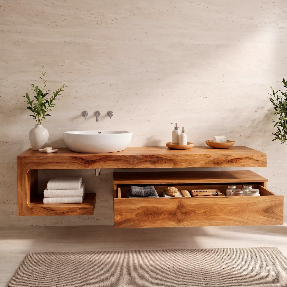 Floating Bathroom Vanity with Drawer & Open Shelf | Modern Curved Wall-Mounted Design TT006-2ZDO7SU