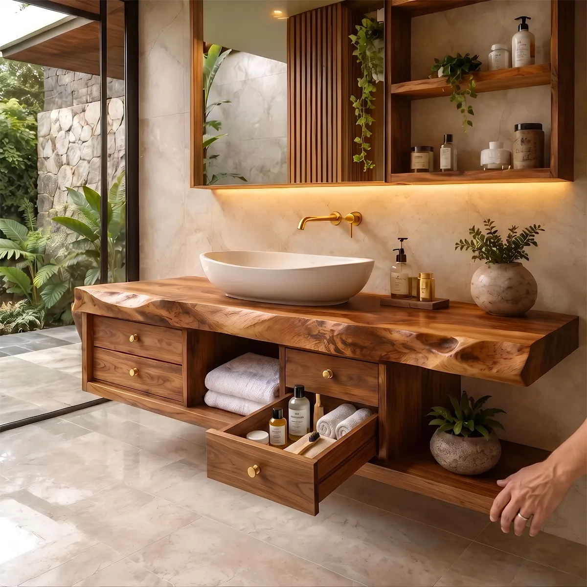 Live Edge Floating Bathroom Vanity | Wood Vanity with Drawers & Open Storage TT006-4VIS1BS
