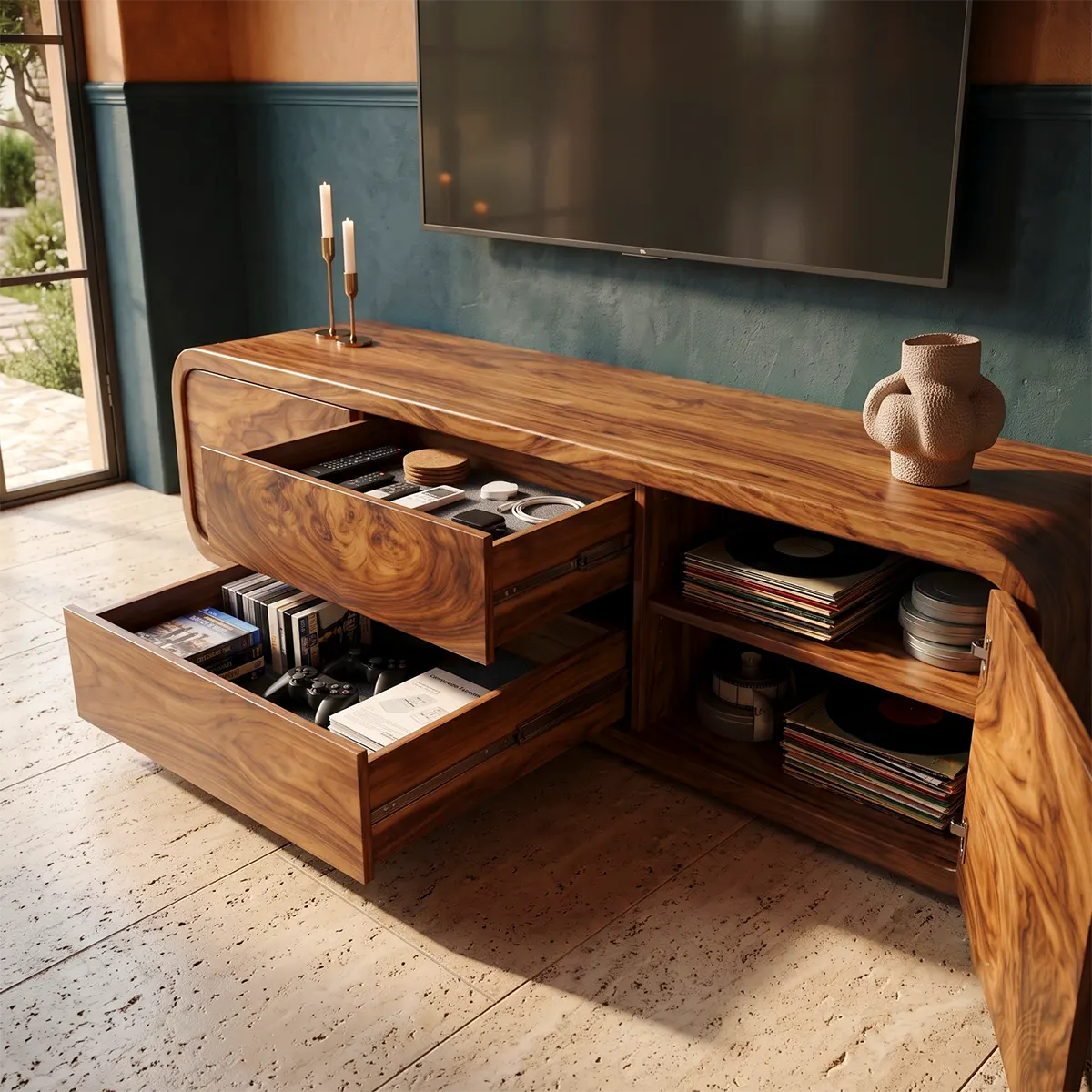 Modern TV Stand with 2 Drawers & 2 Cabinets | Rounded Organic Media Console TT006-6FSA9CR