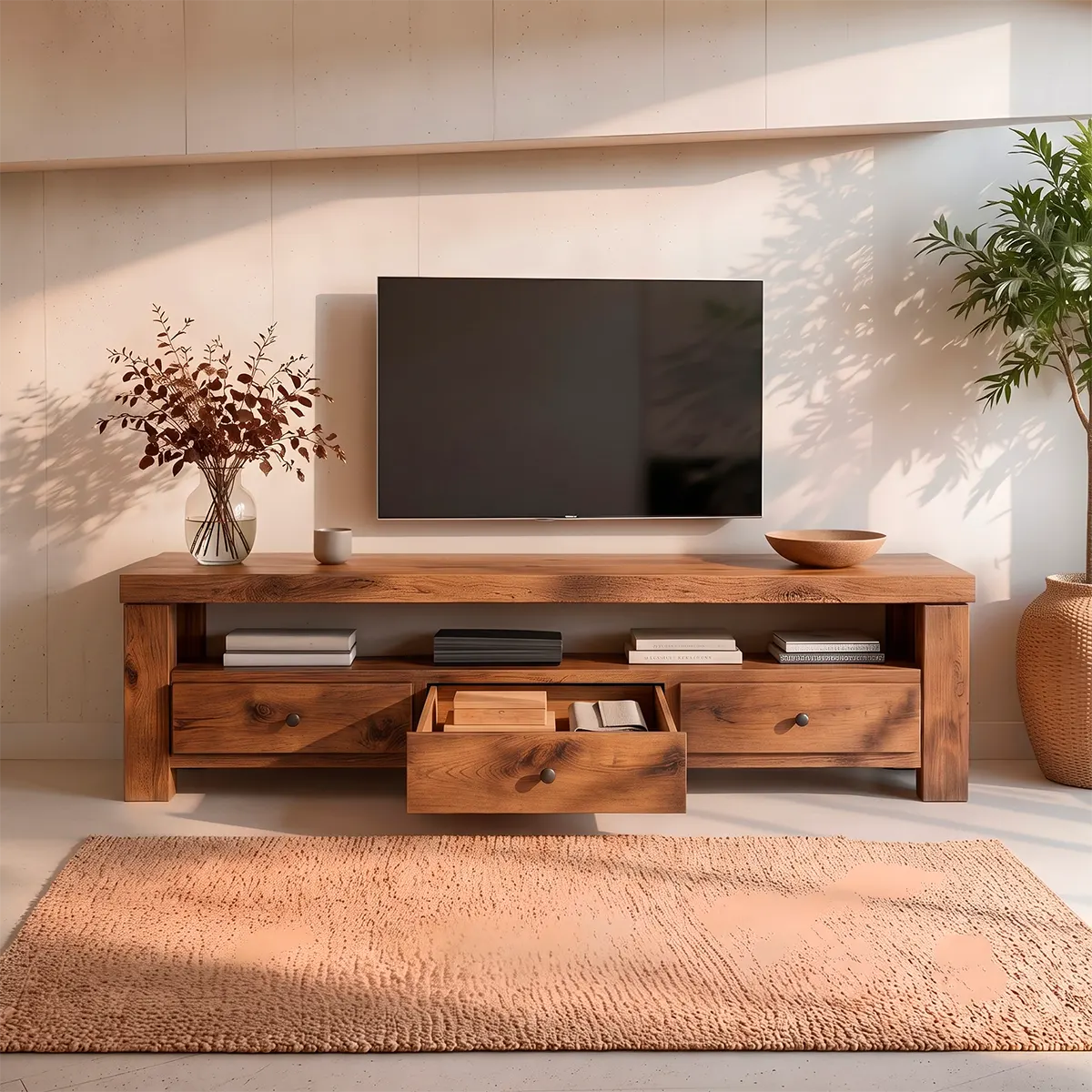 Modern TV Stand with 3 Drawers & Open Media Shelf | Rustic Wood Entertainment Console TT006-5YVS8FX