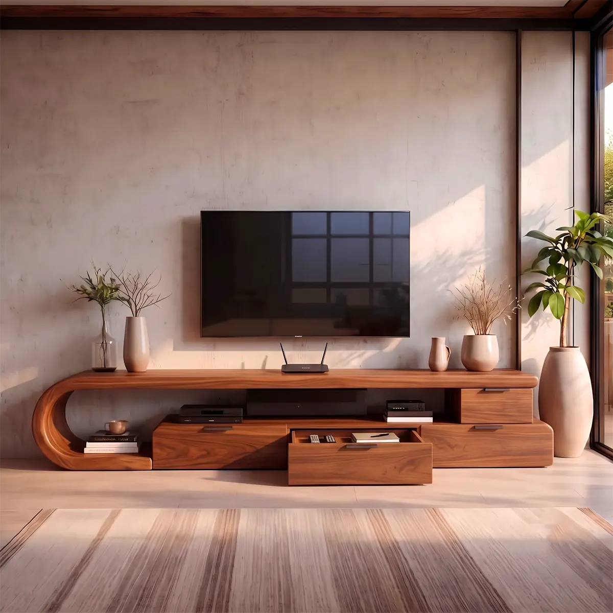 Sculptural Curved TV Stand with 4 Drawers & Open Media Storage | Modern Low Profile Entertainment Console TT006-1HJE1KP