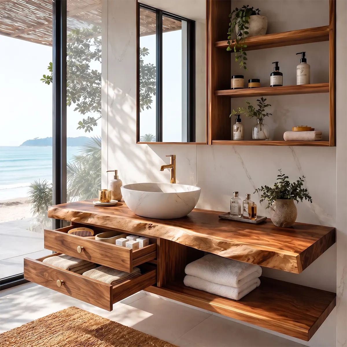 Live Edge Floating Bathroom Vanity | Wall Mounted Vanity with Drawers & Open Shelf TT006-4WJO5CA