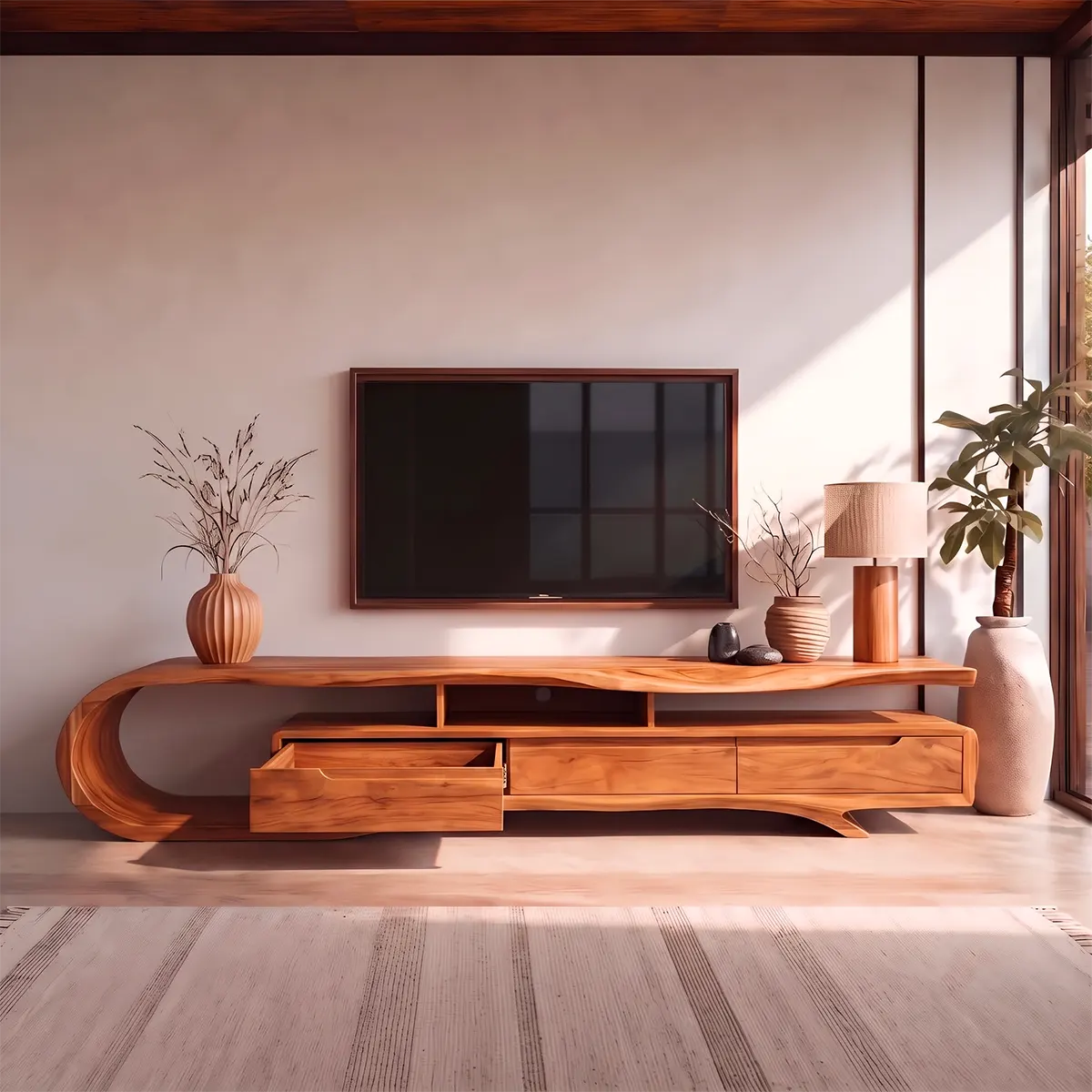 Sculptural Curved TV Stand with 3 Drawers & Open Storage | Modern Low Profile Media Console TT006-4OMT8HH