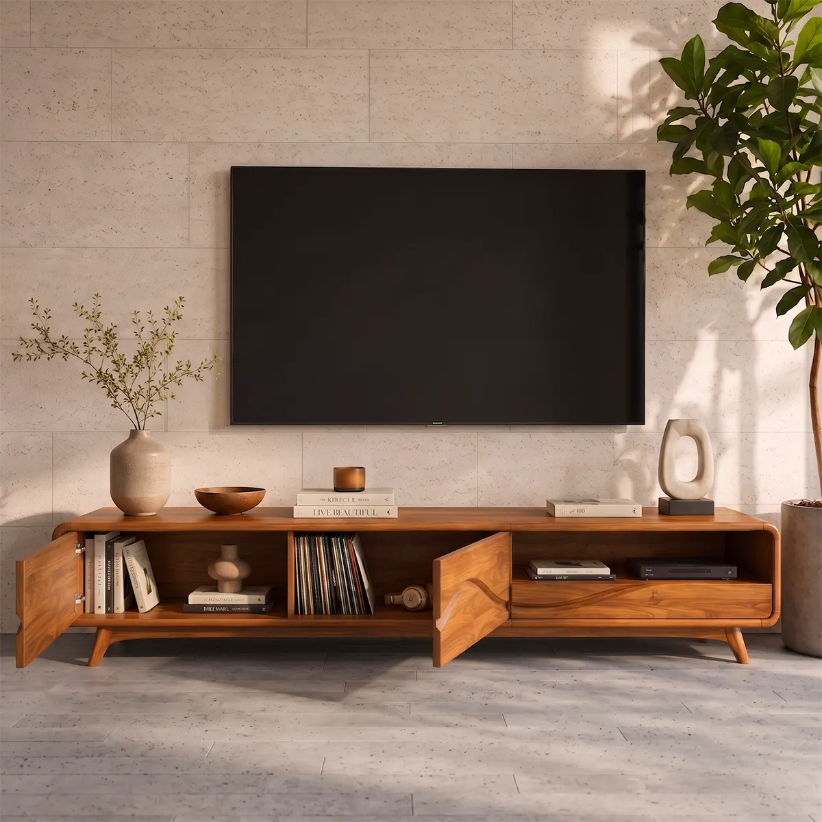 Modern TV Stand with 2 Enclosed Cabinets & Open Storage | Sculpted Wave Media Console TT006-9ORW3JY