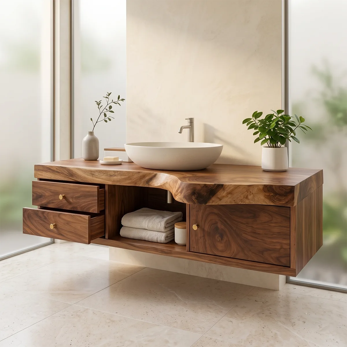 Floating Bathroom Vanity with Live Edge Top | Wall Mounted Wood Vanity TT006-6QPK8MZ