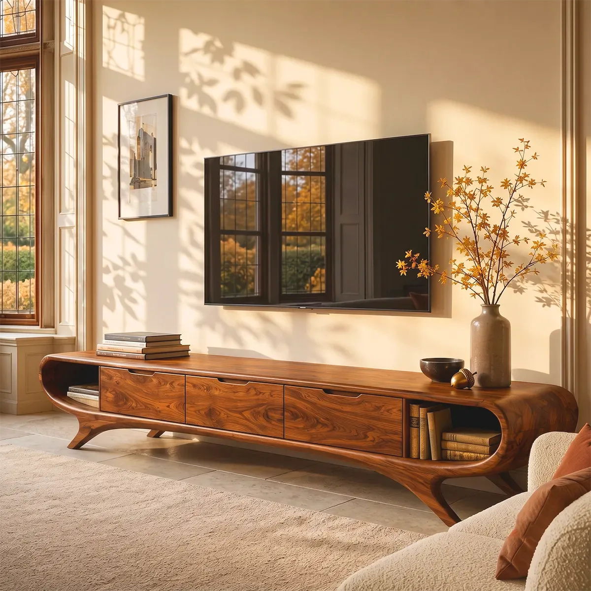 Modern Curved TV Stand with 3 Drawers & 2 Open Side Compartments TT006-3IYZ7XH