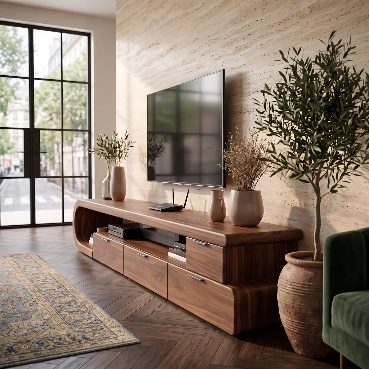 Sculptural Curved TV Stand with 4 Drawers & Open Media Storage | Modern Low Profile Entertainment Console TT006-1HJE1KP