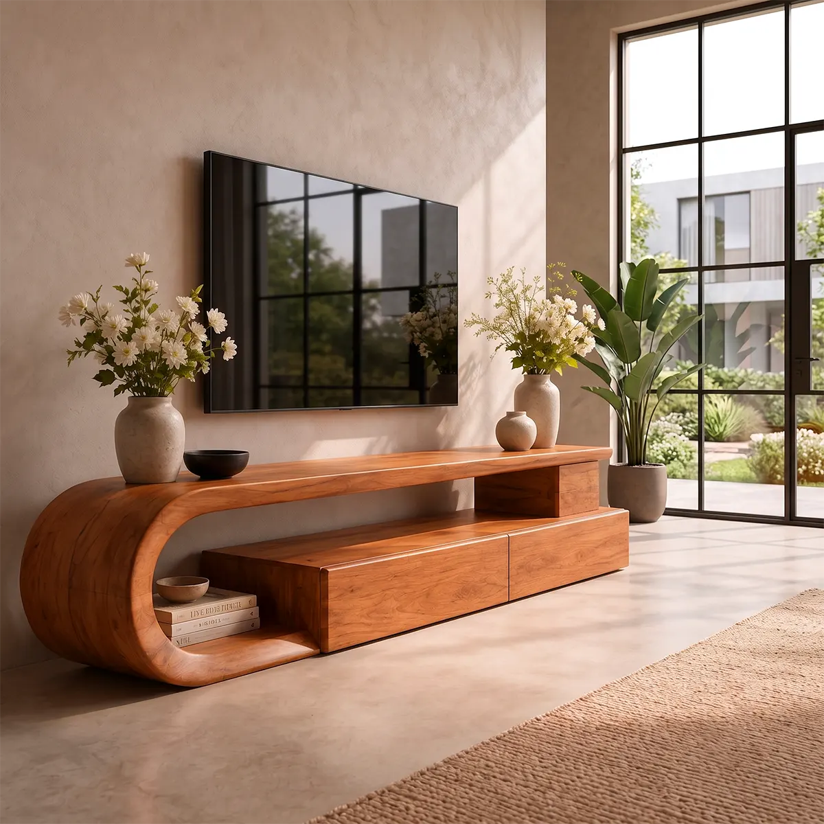 Sculptural Curved TV Stand with 3 Drawers & Open Shelving | Modern Low Profile Media Console TT006-6ELT4UJ