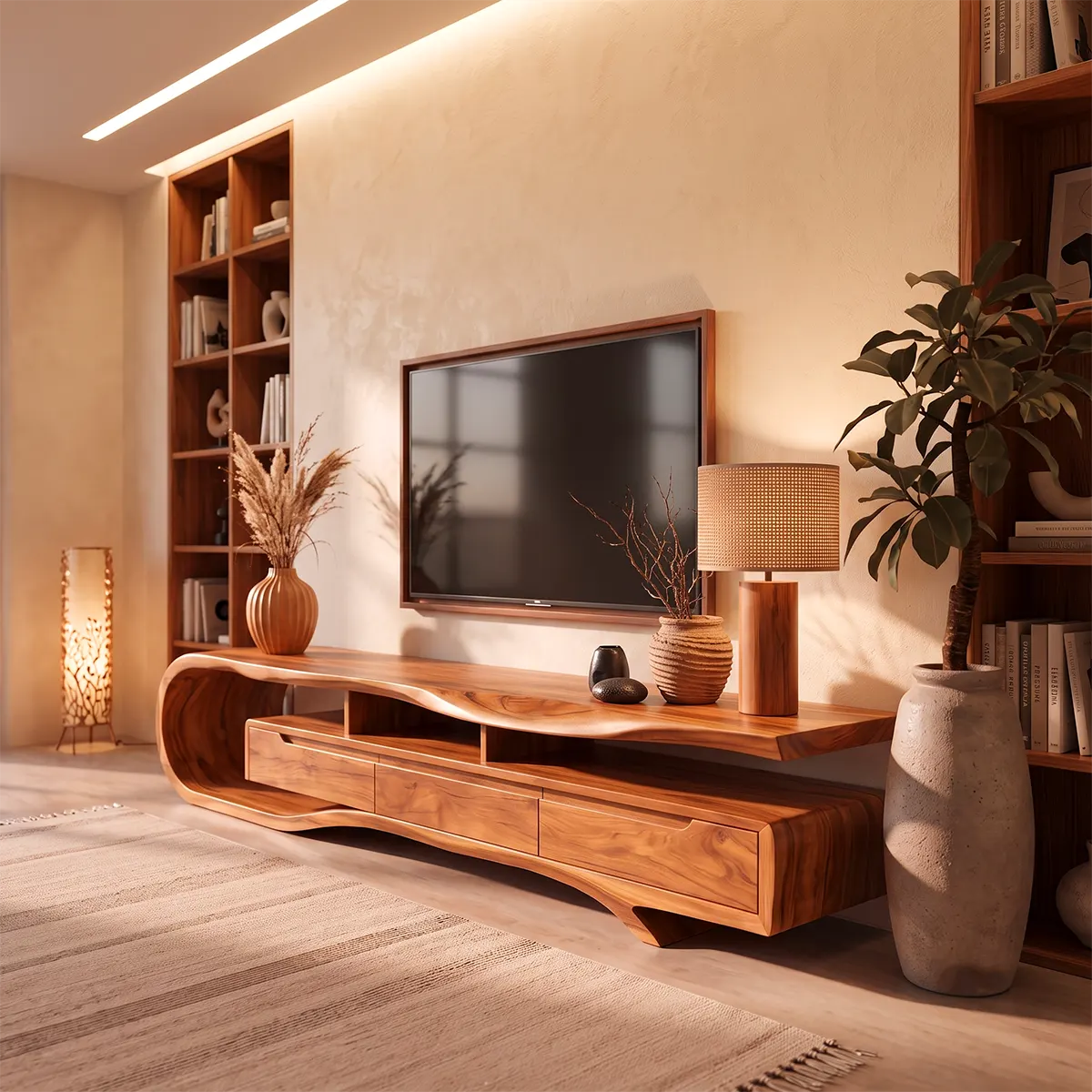 Sculptural Curved TV Stand with 3 Drawers & Open Storage | Modern Low Profile Media Console TT006-4OMT8HH