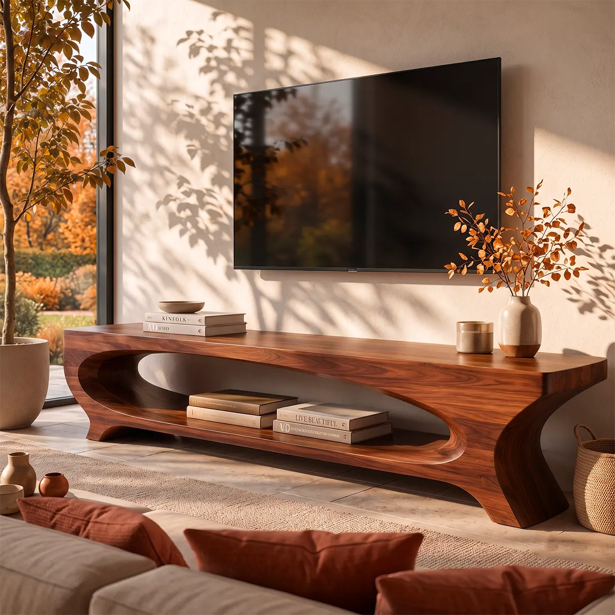 Sculptural Curved TV Stand with Large Open Shelf | Modern Low Profile Media Console TT006-7JCI6KI