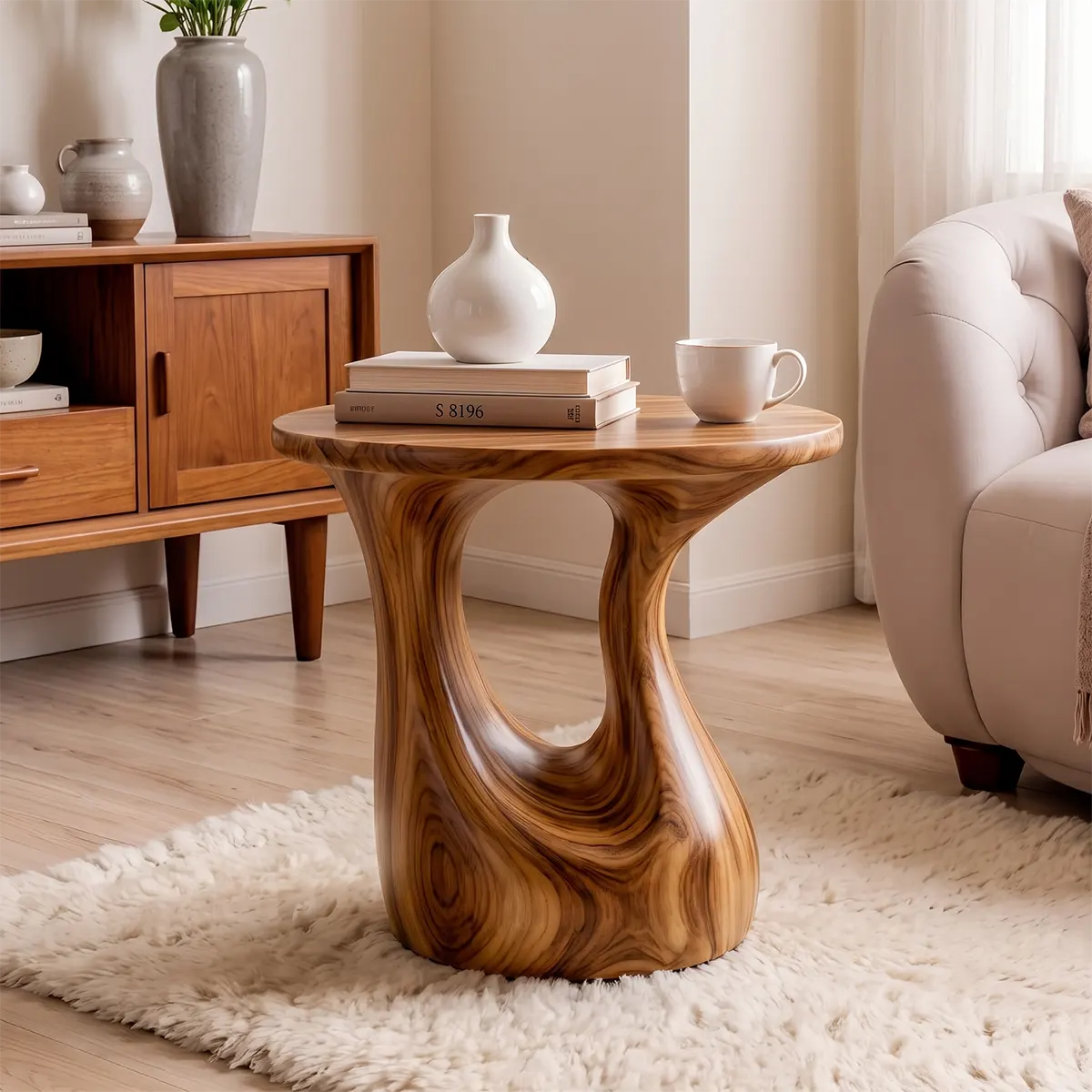 Sculptural Open Center Wood End Table | Round Organic Side Table TT006-8WHK6RP