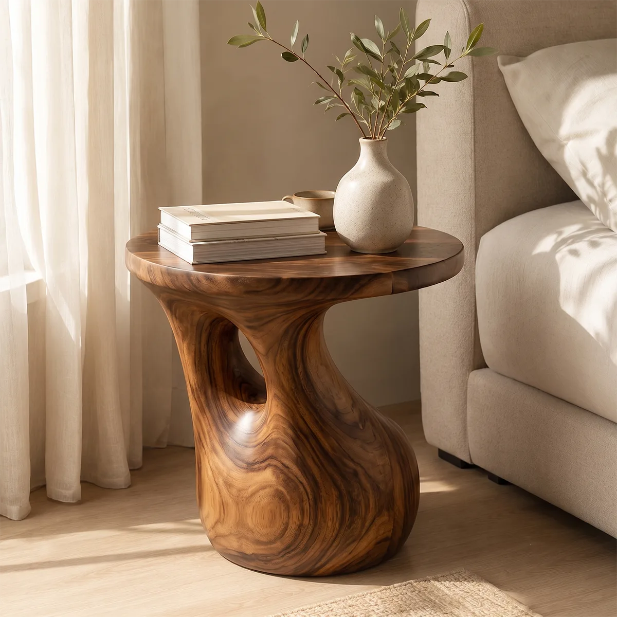Sculptural Arch Wood End Table | Round Open Pedestal Side Table TT006-7OSO6IW