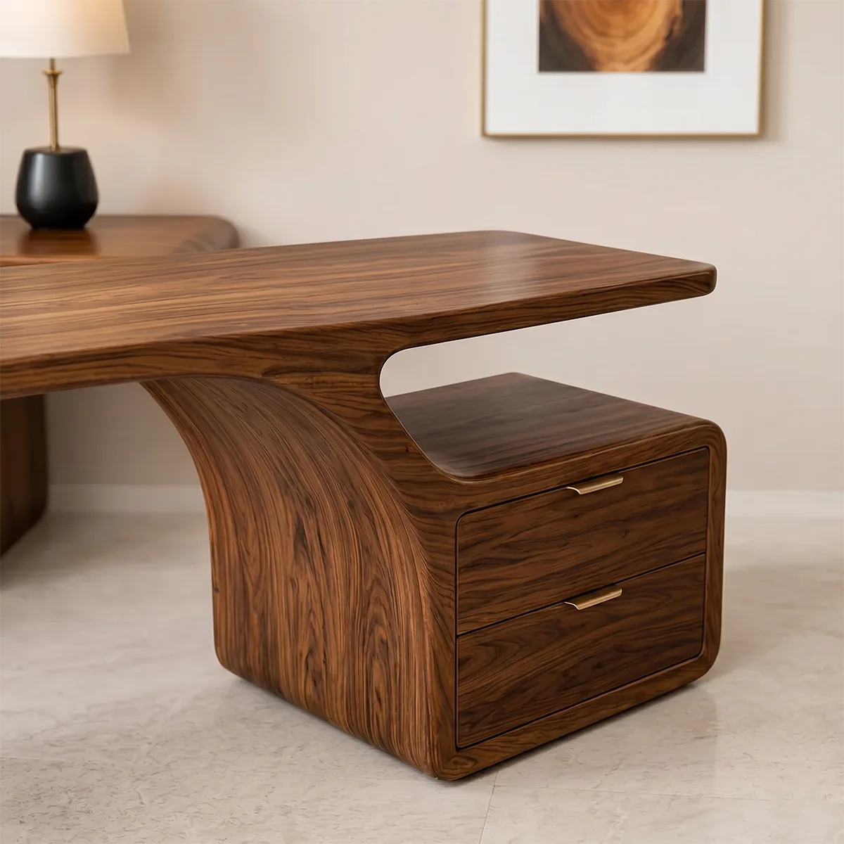 Solid Wood Executive Desk – Modern Organic Curved Writing Desk with Drawers TH003-3280
