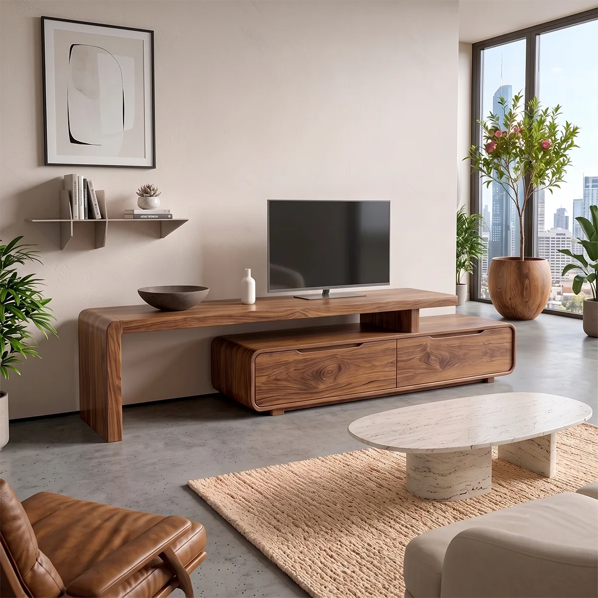Modern Asymmetrical TV Stand with 2 Drawers | Low Profile Media Console TH003-9QJE5UT