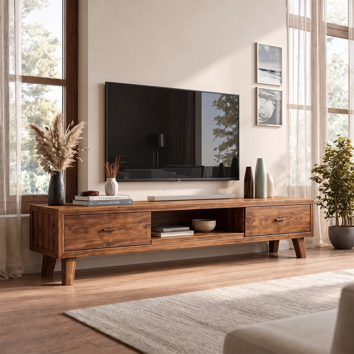 Modern TV Stand with 2 Drawers & Open Shelf | Low Profile Media Console TH003-6TLG4RN