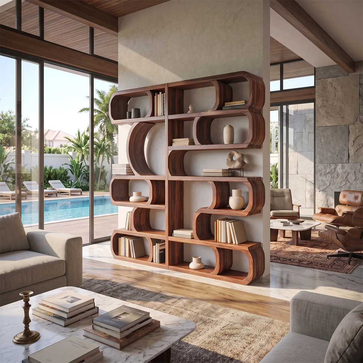 Sculptural Curved Bookshelf | Organic Modern Open Bookcase with Rounded Display Shelves HG021-5GKD4AZ