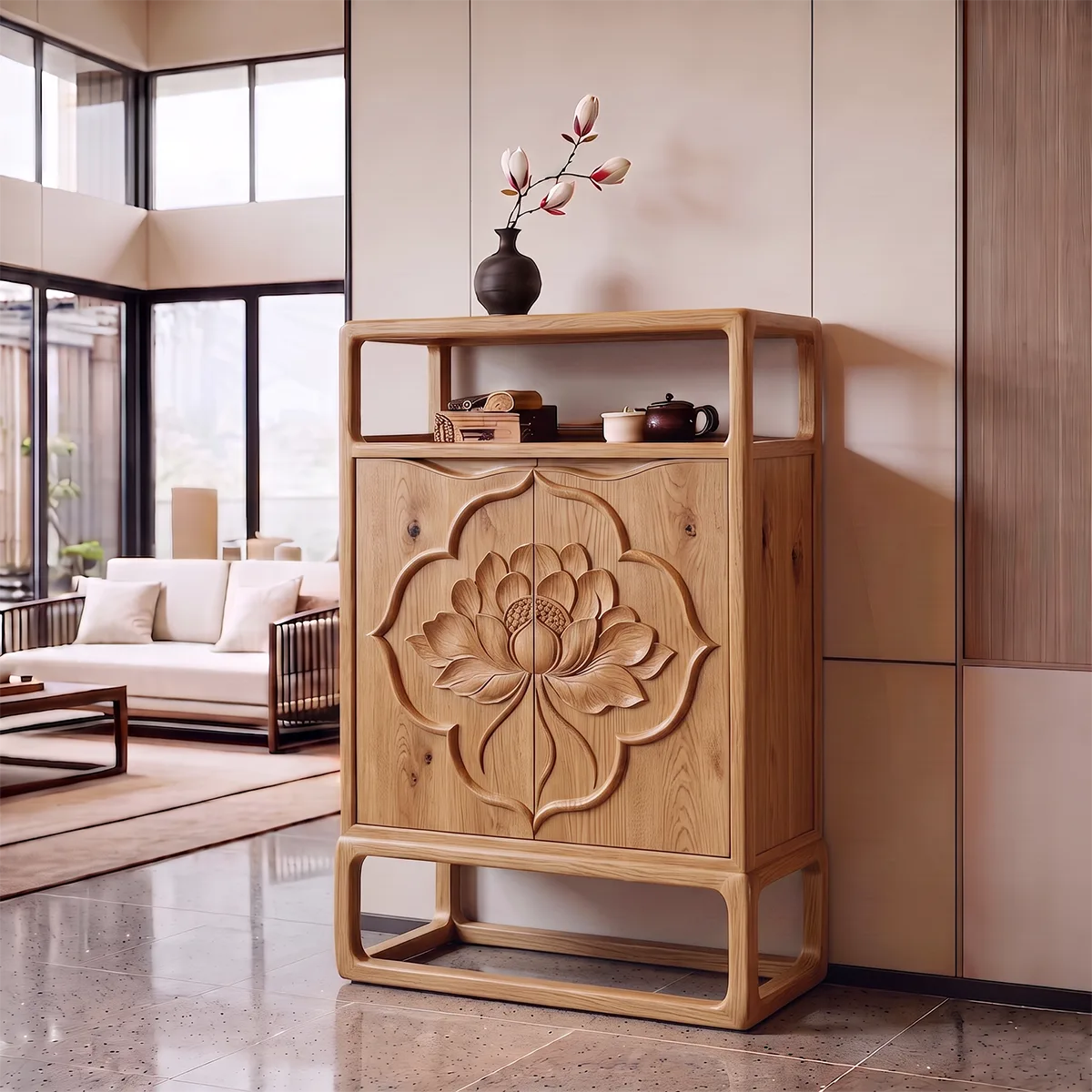 Lotus Carved Sideboard with Open Display Shelf | Sculptural Storage Cabinet HG021-1UIU6MD