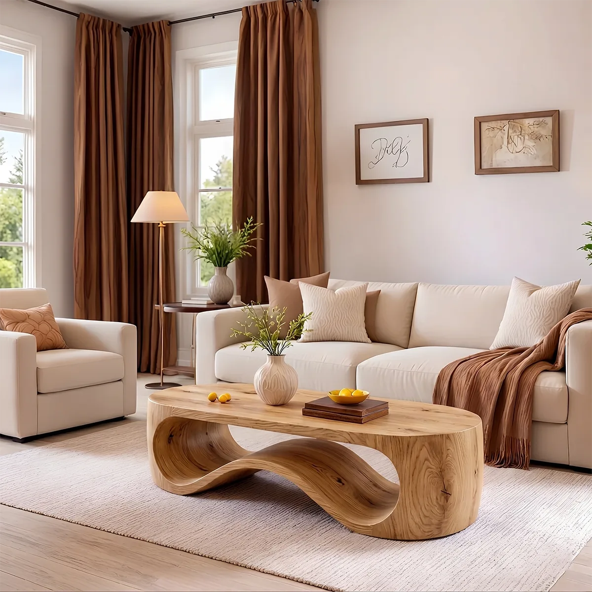 Modern Solid Wood Sculptural Coffee Table with Organic Wave Design