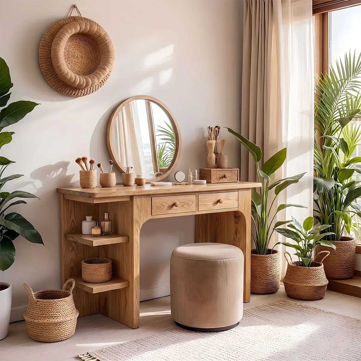 Scandinavian Solid Wood Vanity Desk with Mirror and Open Shelf Storage