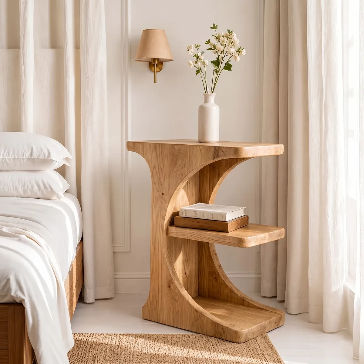 Sculptural Solid Wood Nightstand with Curved Open Shelf