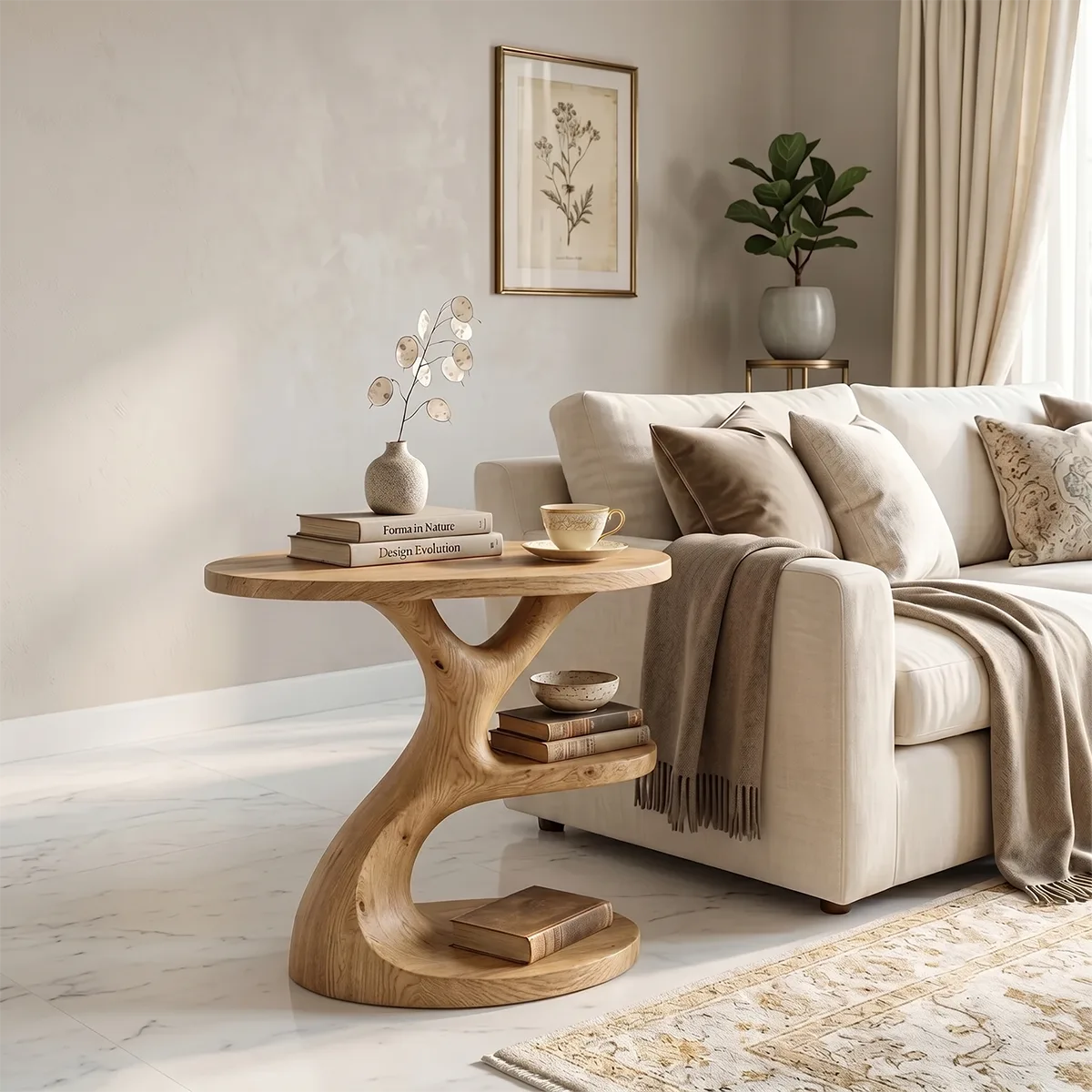 Sculptural Solid Wood End Table with Shelves | Organic Design TH003-3115