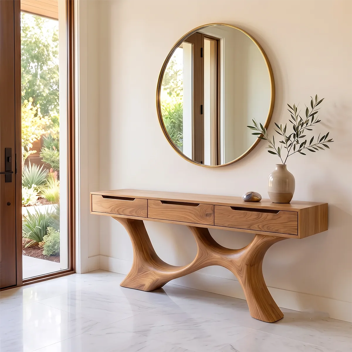 Modern Storage Console Table with Sculptural Base – Contemporary Entryway Table with Drawers TH003-9771