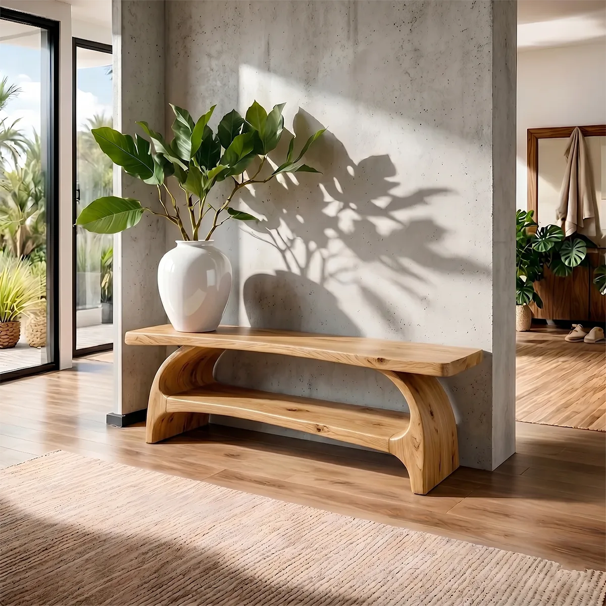 Handcrafted Solid Wood Entryway Bench with Sculptural Shelf for Modern Organic Interiors