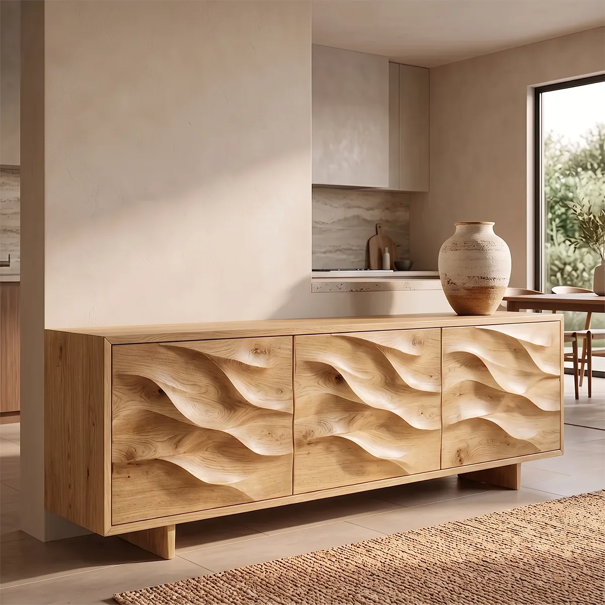 Wave Carved Solid Wood Sideboard | Organic Modern Buffet Cabinet for Dining & Living Room TH003-3569