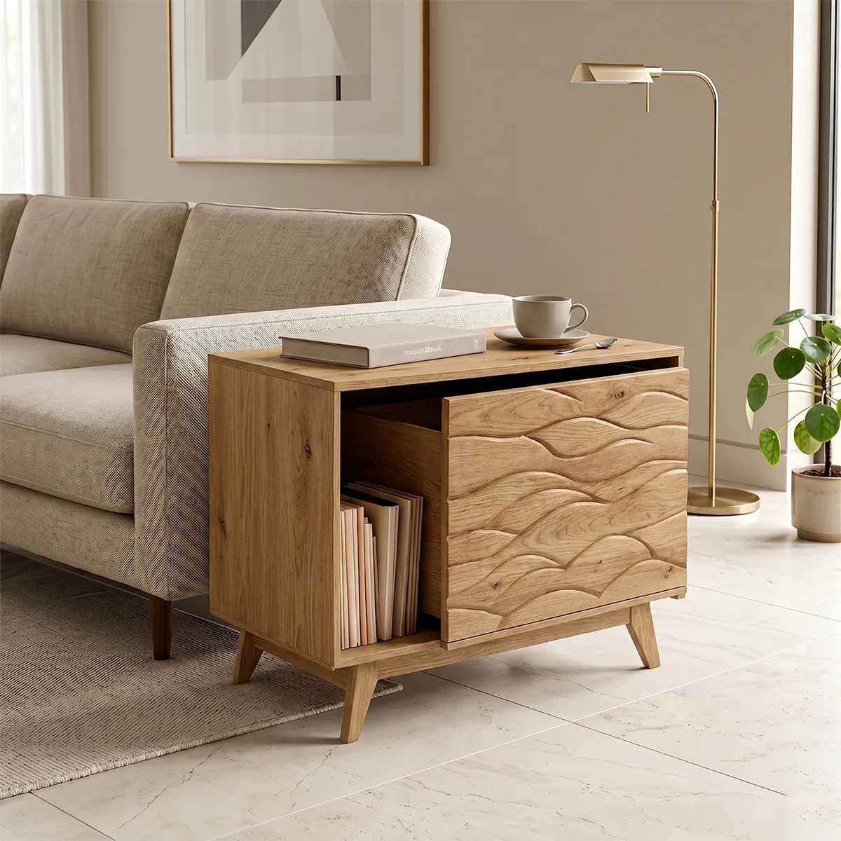 Modern Solid Wood End Table with Sliding Door | Mid Century Storage Side Table TH003-6980