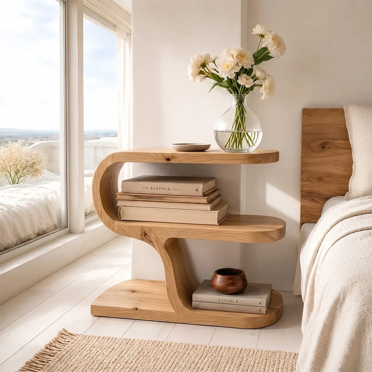 Modern Sculptural Wooden Nightstand with Open Storage Shelves