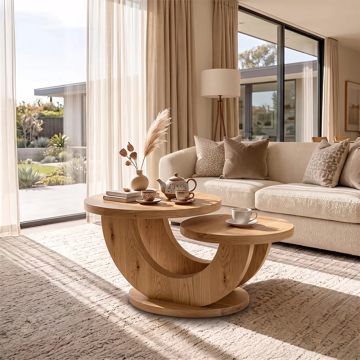 Sculptural Two-Tier Round Coffee Table with Curved Base | Organic Modern Living Room Table TH003-3SBR5VG