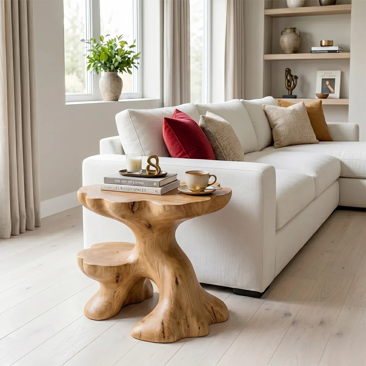 Sculptural Solid Wood Side Table with Shelf | Organic End Table TH003-9908