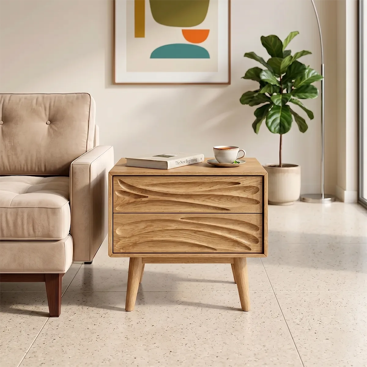Modern Solid Wood End Table | Mid Century Side Table with 2 Carved Storage Drawers TH003-8695