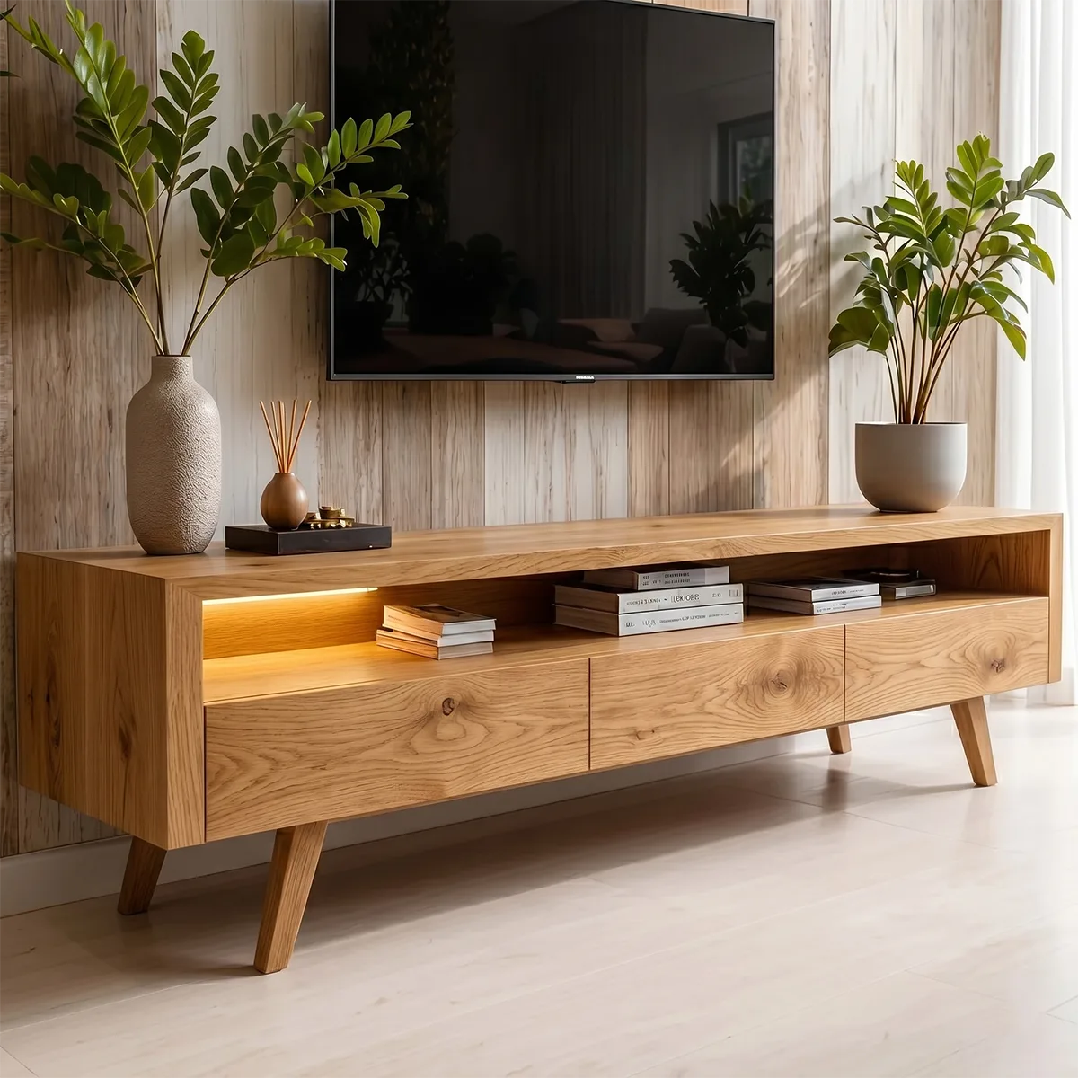 Modern TV Stand with Open Shelf and 3 Drawers