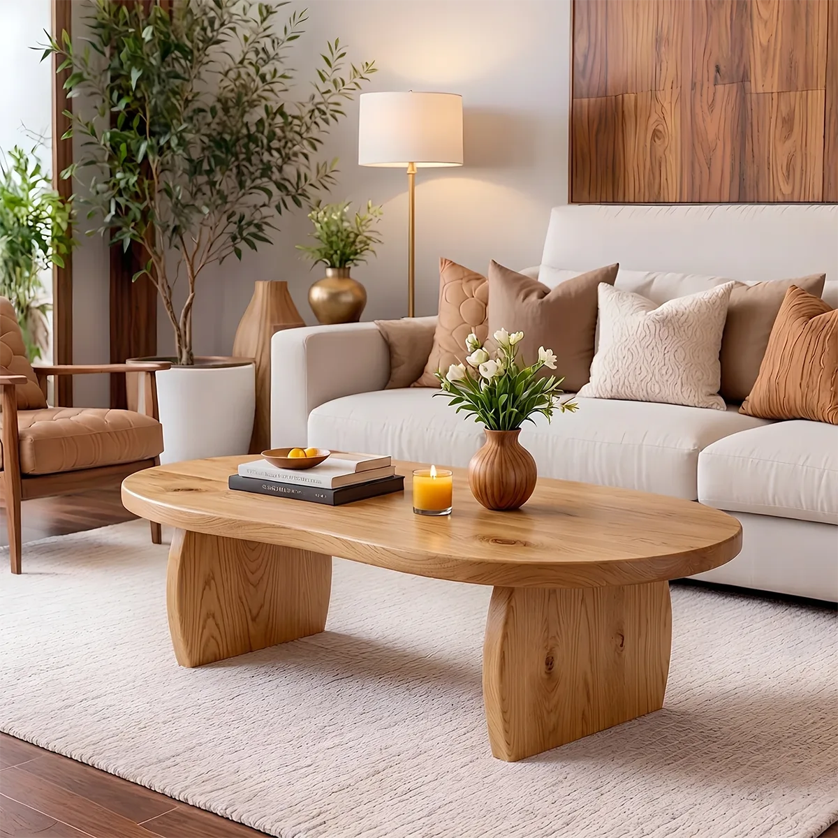 Modern Solid Wood Oval Coffee Table with Curved Slab Legs