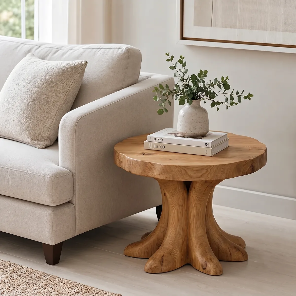 Round Solid Wood Side Table | Sculptural Pedestal Design TH003-7512