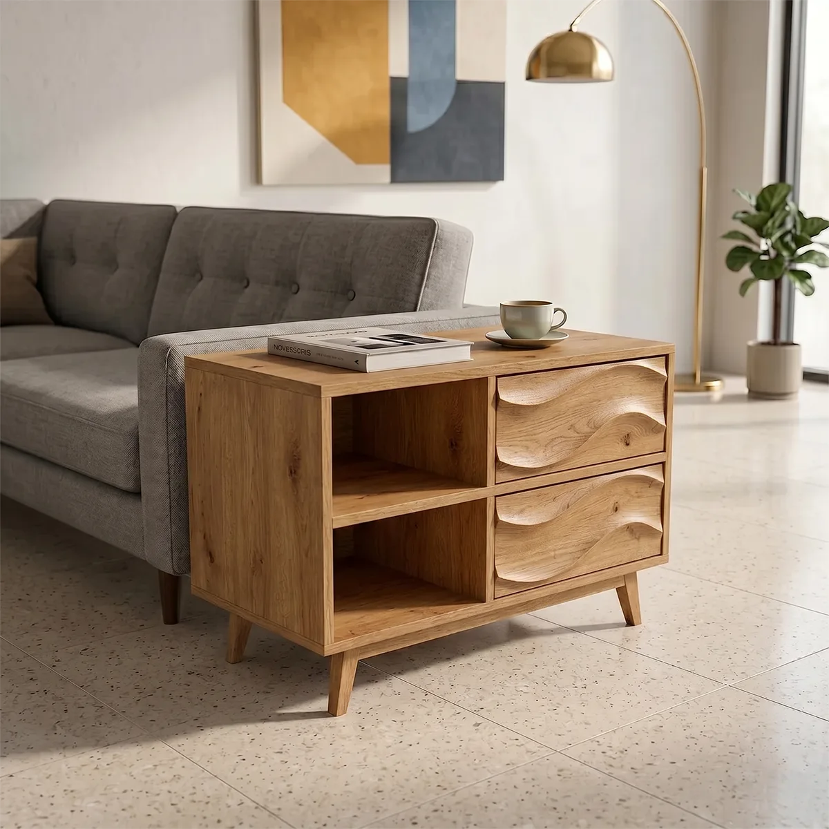 Modern Solid Wood End Table with Storage | Mid Century Side Table with 2 Drawers & Open Shelves TH003-4573